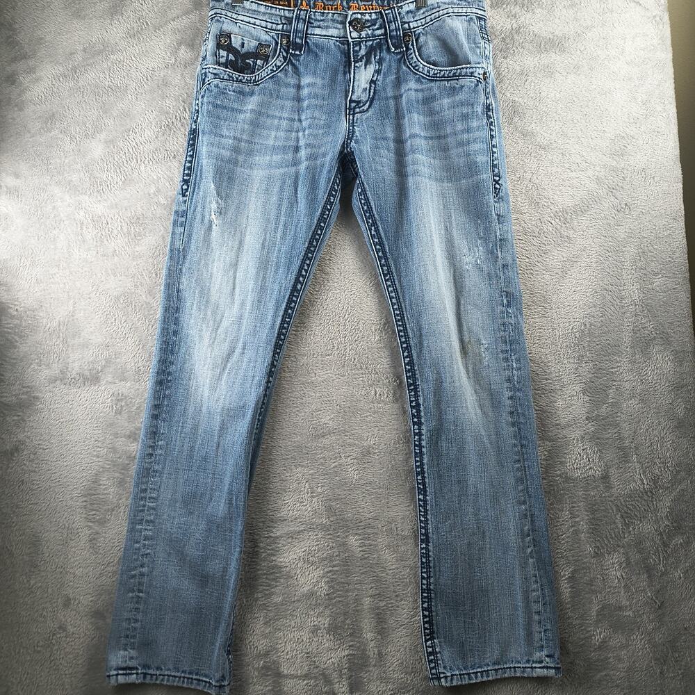 ROCK REVIVAL Mens Jeans 32x31 Larry Boot Cut Straight Leg Light Wash Blue Jeans